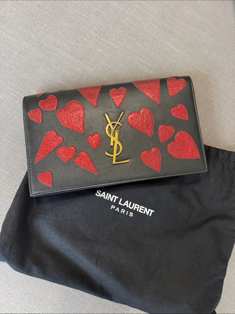 Saint Laurent Black Leather Clutch with Red Glitter Hearts